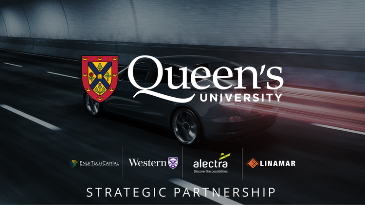 MOU poster with Queen's logo prominent over logos for EnerTech, Western, Alectra and Linamar