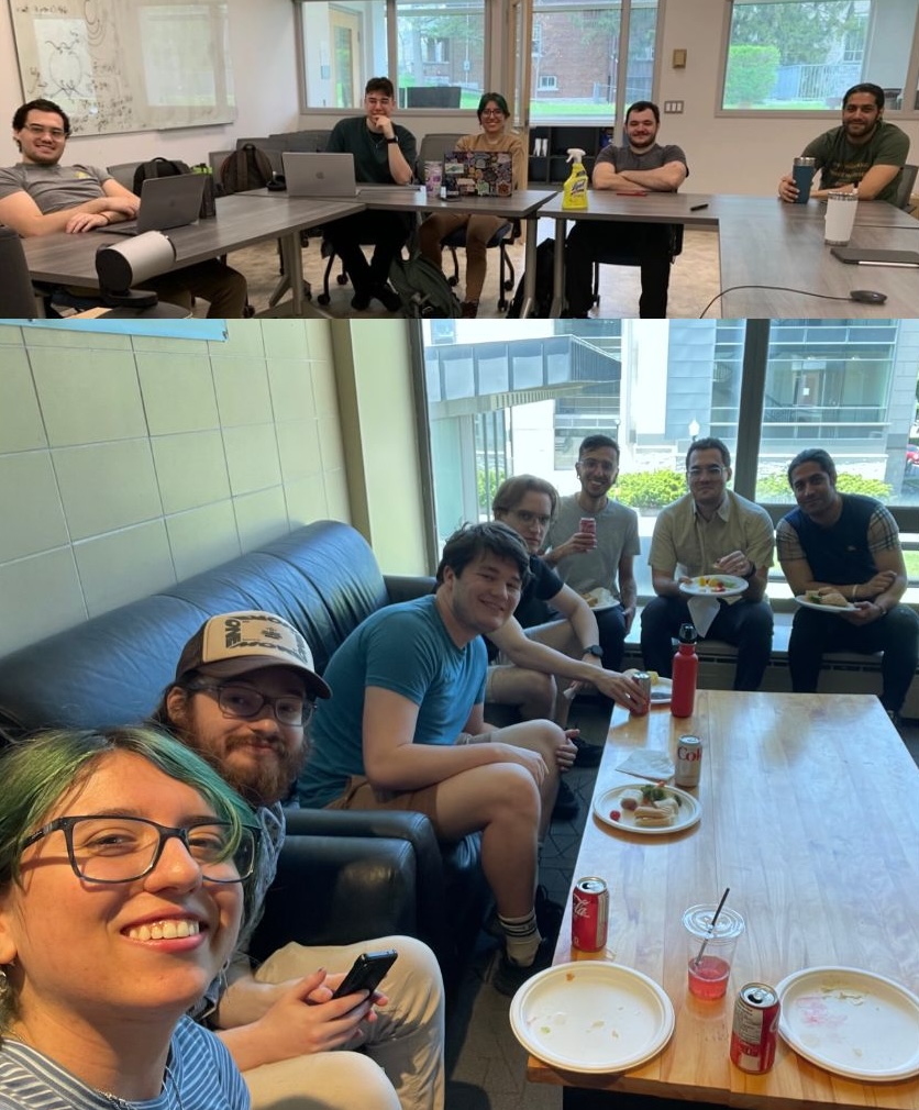 Top image of the entire group in a meeting, bottom image of most of  the group eating lunch
