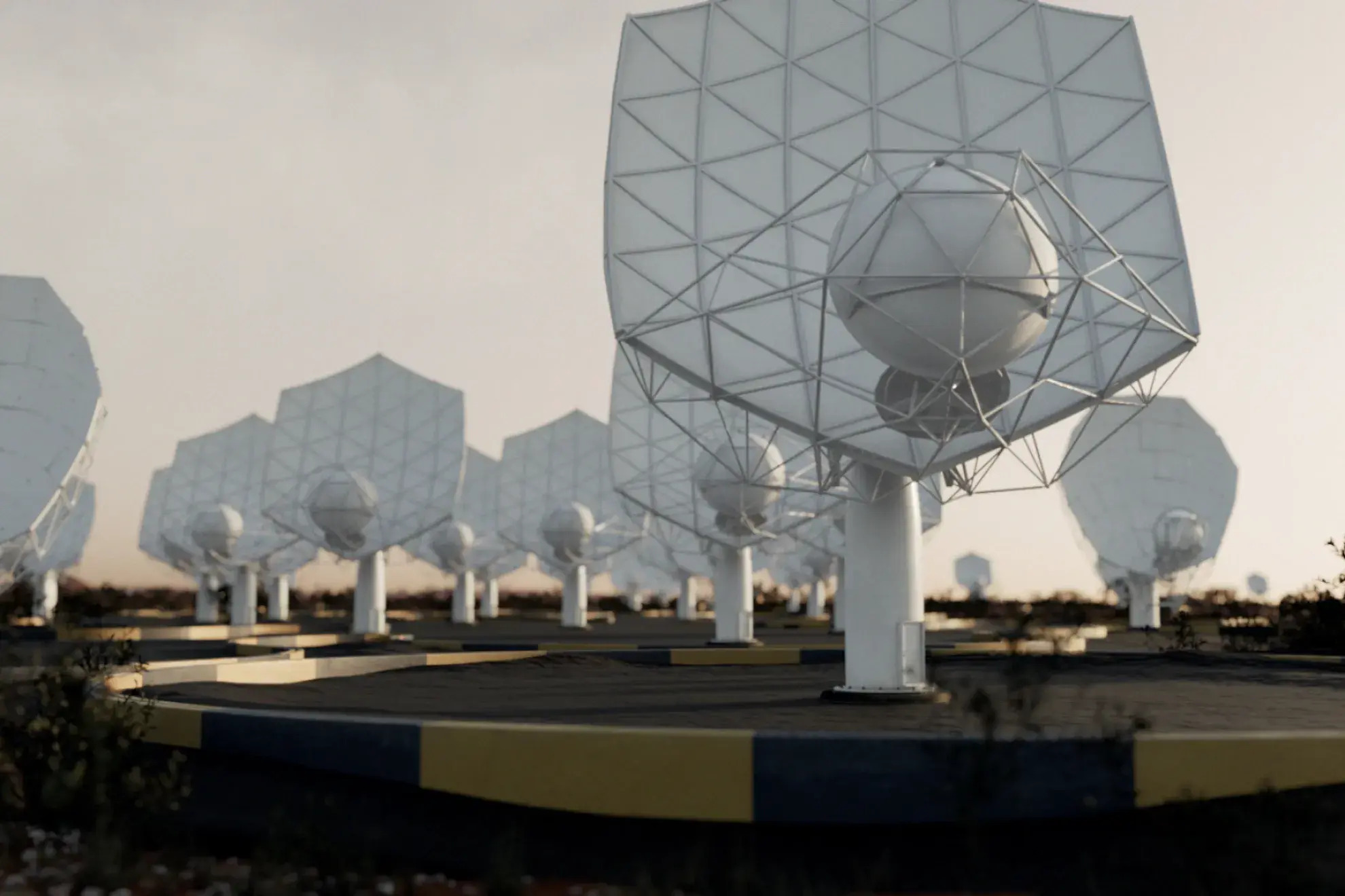 Stills/artist's impressions taken from animations of the SKA-Mid telescope in South Africa. [Credit: SKAO]