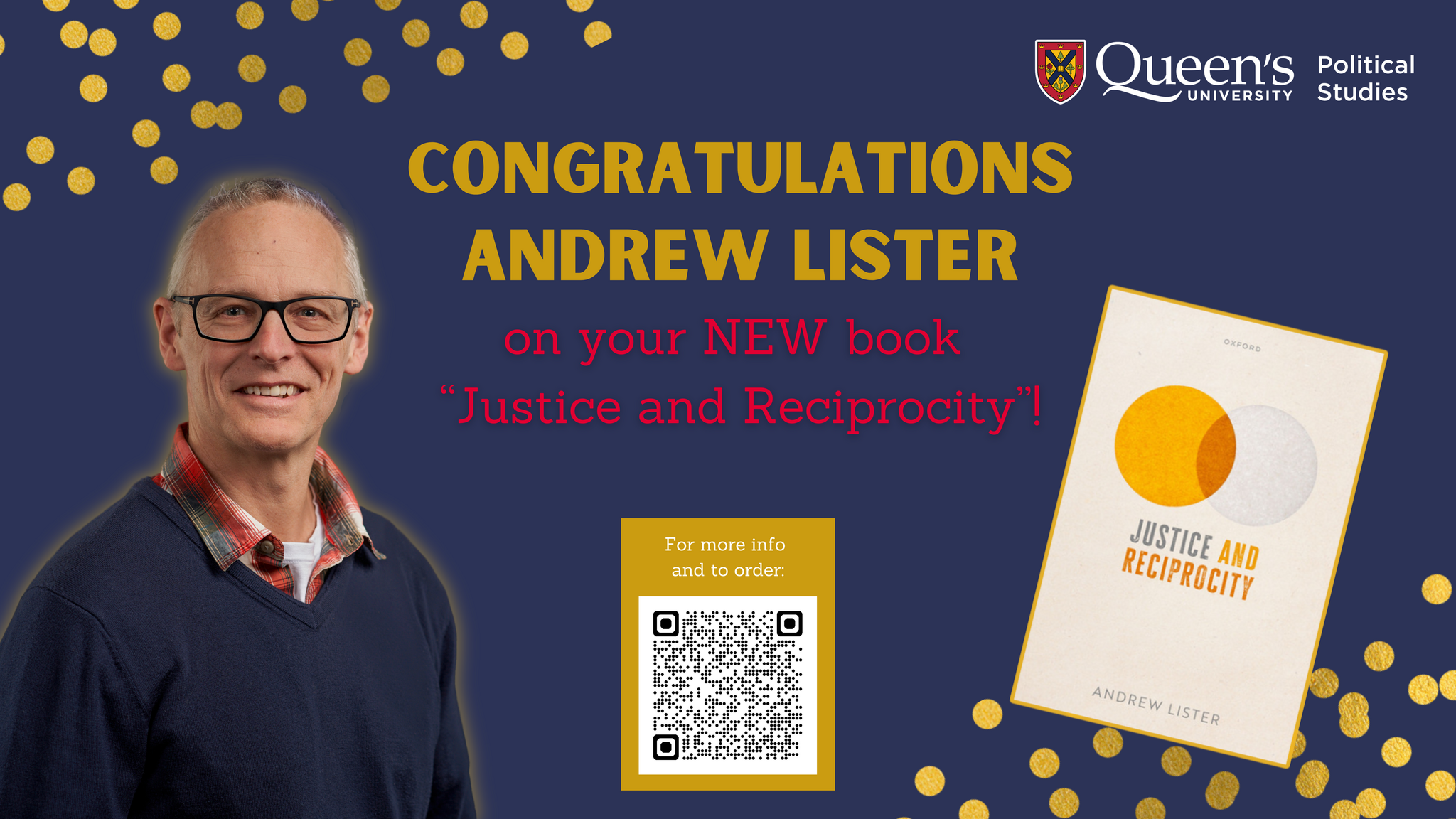 graphic displaying congratulations to Andrew Lister with a photo of the author and the book cover