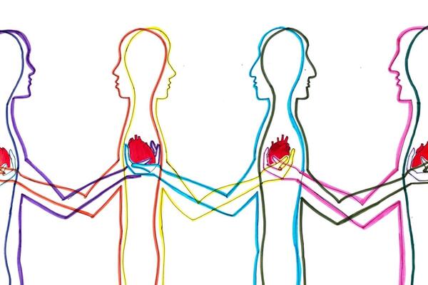 Outlines of 4 humans from the side connected by their hands reaching in to each other's hearts