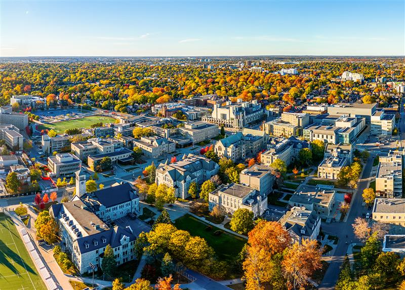 Overhead drone shot of Queen's University campus