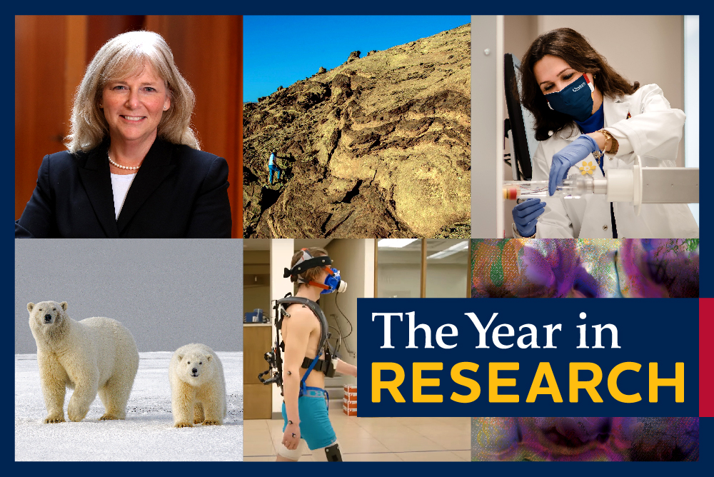 [Photo compilation of Queen's researchers and current research projects - Text: The Year in Research]