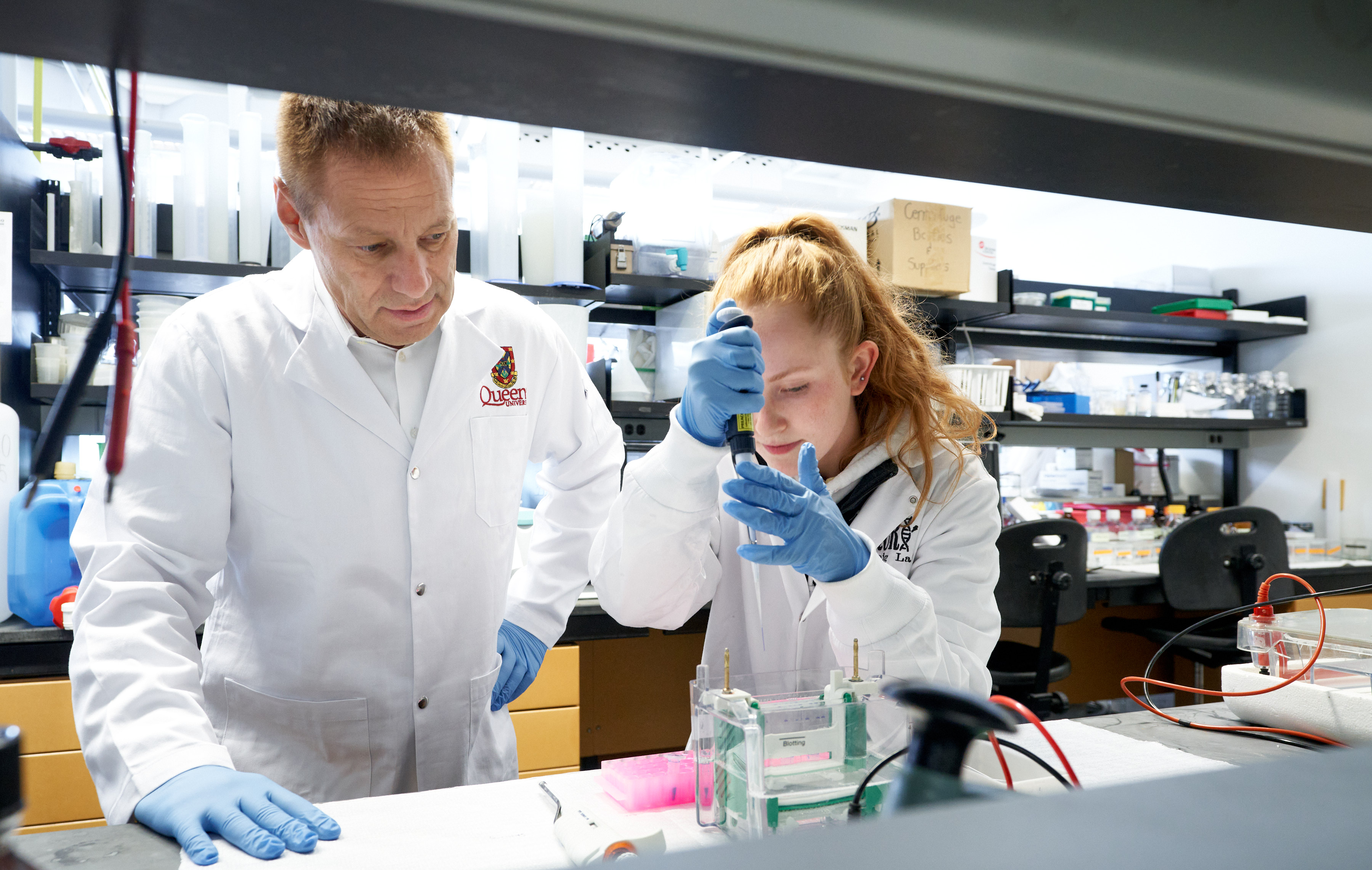 Two researchers examine a specimen