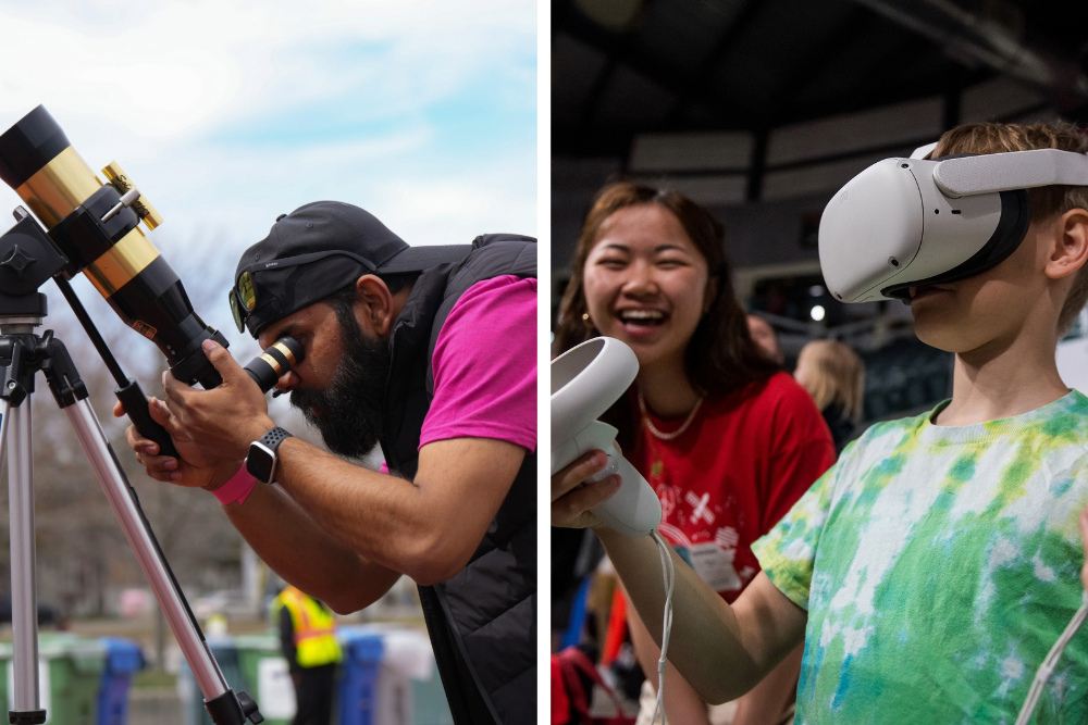 [A person looks through a telescope and a child experiments with VR technology.]