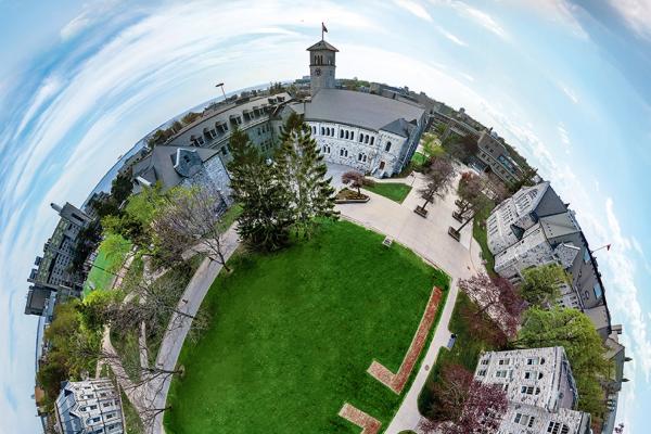 Fisheye photo of Queen's campus