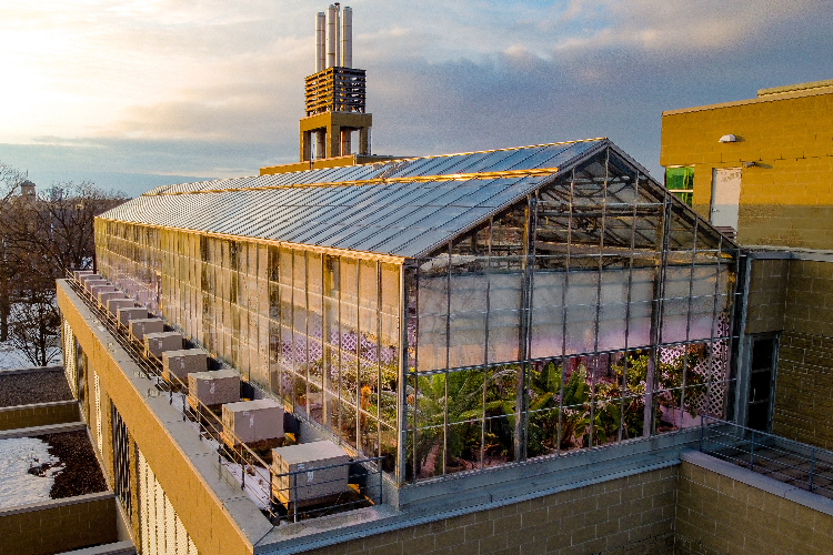 [The exterior of the Queen’s University Phytotron facility located above the Biosciences Complex.]