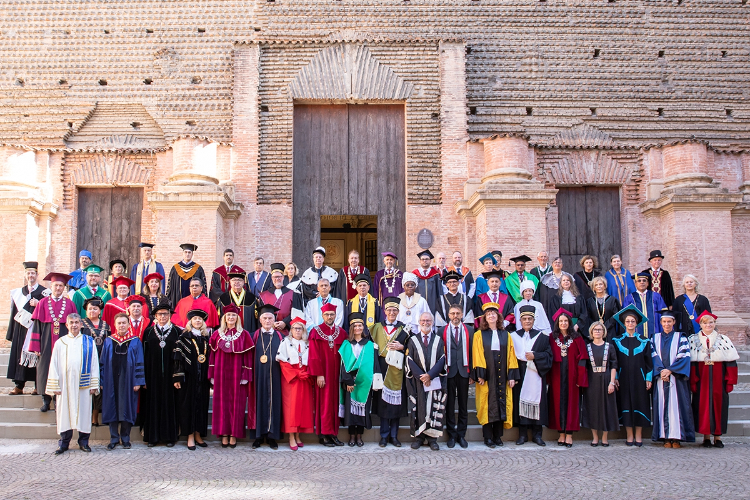 [Group of university leadership wearing academic regalia at the Magna Charta Universitatum conference at the University of Bologna, Italy. ]