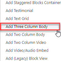 Selecting Add Three Column Body Item