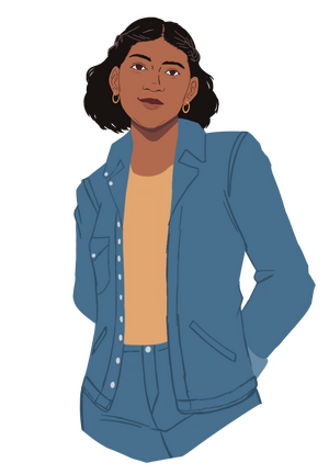 illustration of student, Aabha, in denim outfit, hair pulled back, hoop earrings